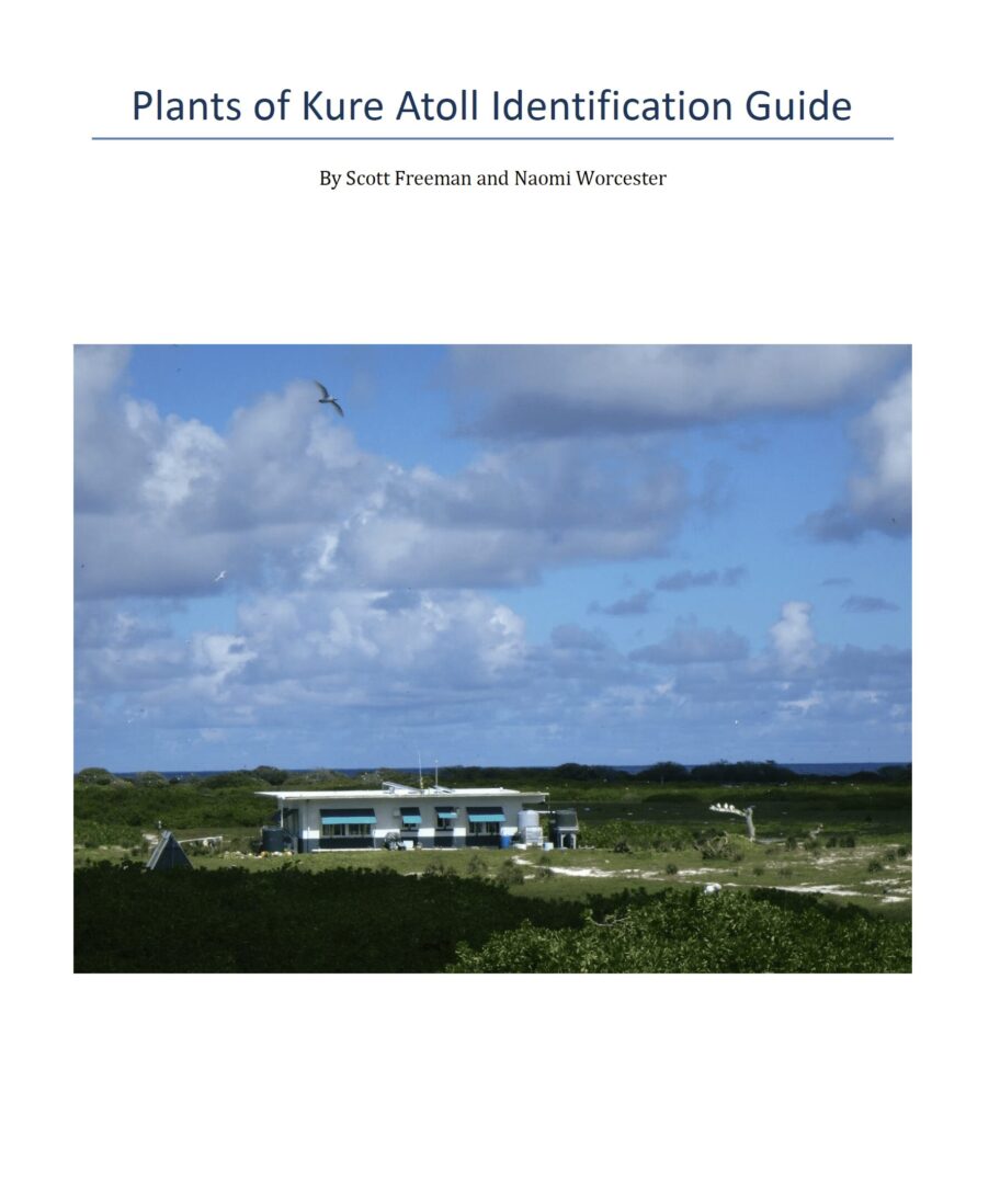Cover of a plant identification guide featuring a coastal building and greenery under a cloudy sky.