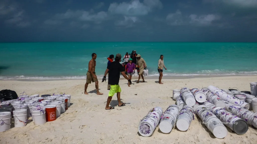 People walking on a sandy beach with bags and turquoise water in the background.