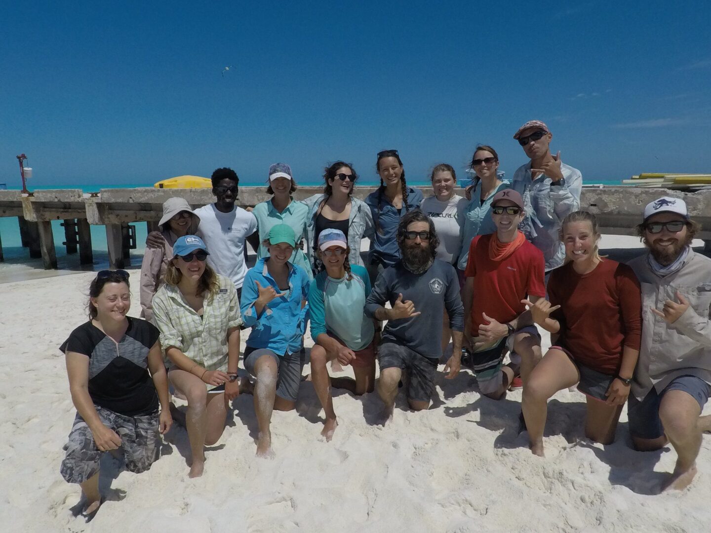 Group of people posing together on a sandy beach under a clear blue sky.