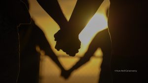 Silhouettes of people holding hands against a warm sunset.