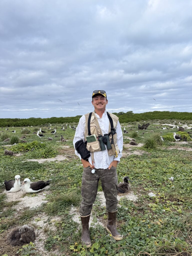 Man standing in field with birds.